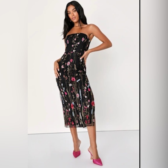 Lulu's NWT Embroidered Bold Botanicals Strapless Black Floral Midi Dress - Picture 12 of 12